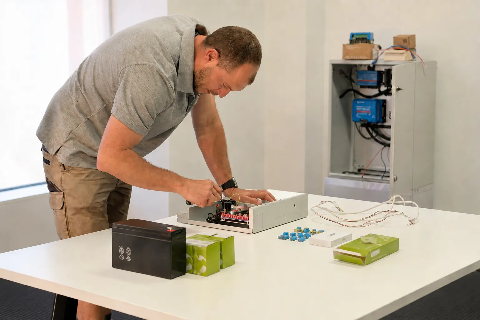 Safeguard technician assembling a security control system before deployment