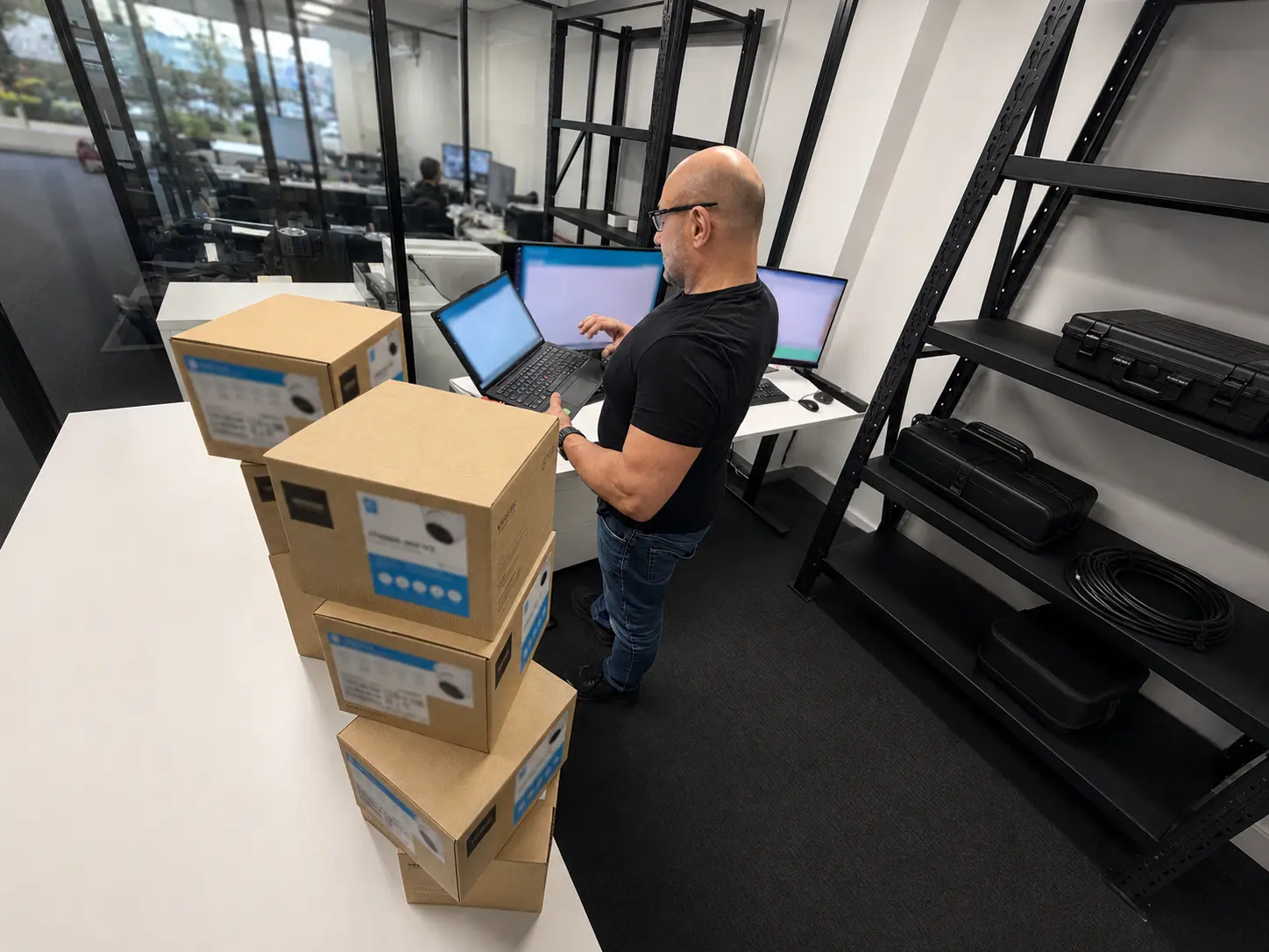 Security hardware staged for deployment after configuration and testing