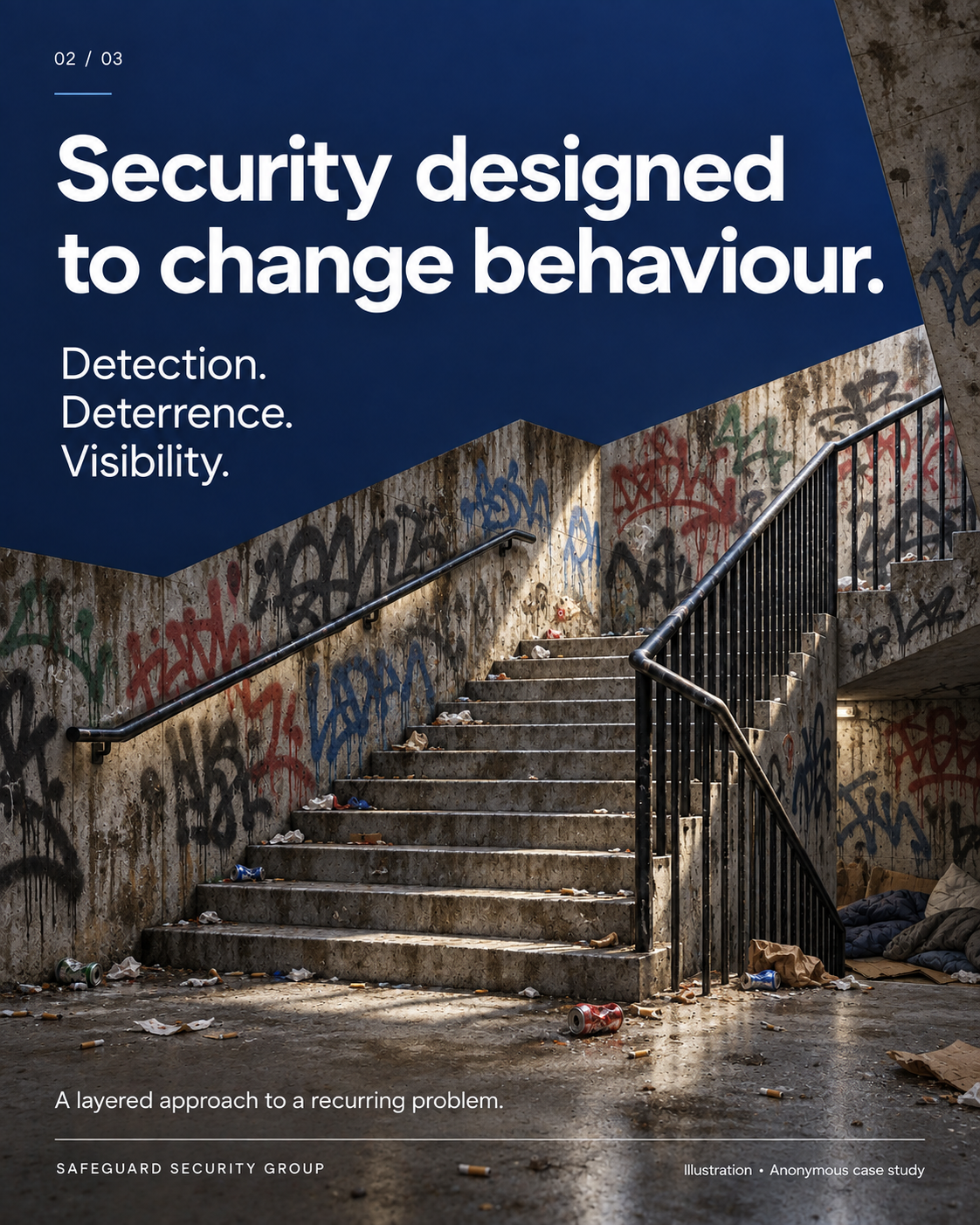 Illustration of a fictional graffitied stairwell. Security designed to change behaviour: detection, deterrence and visibility.