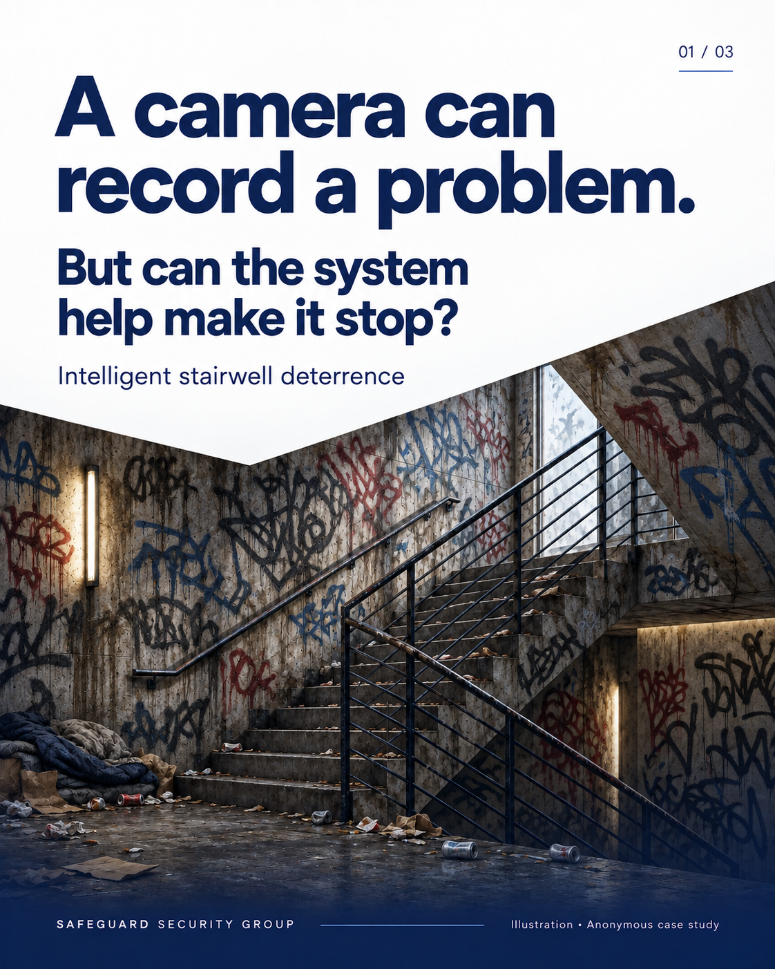 Illustration of a fictional stairwell with heavy graffiti, rubbish and discarded bedding. A camera can record a problem. But can the system help make it stop?