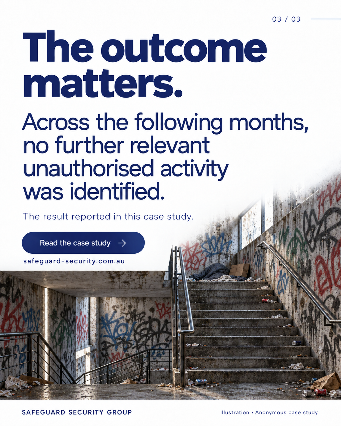 Illustration of a fictional graffitied stairwell. The case study reports no further relevant unauthorised activity across the following months.